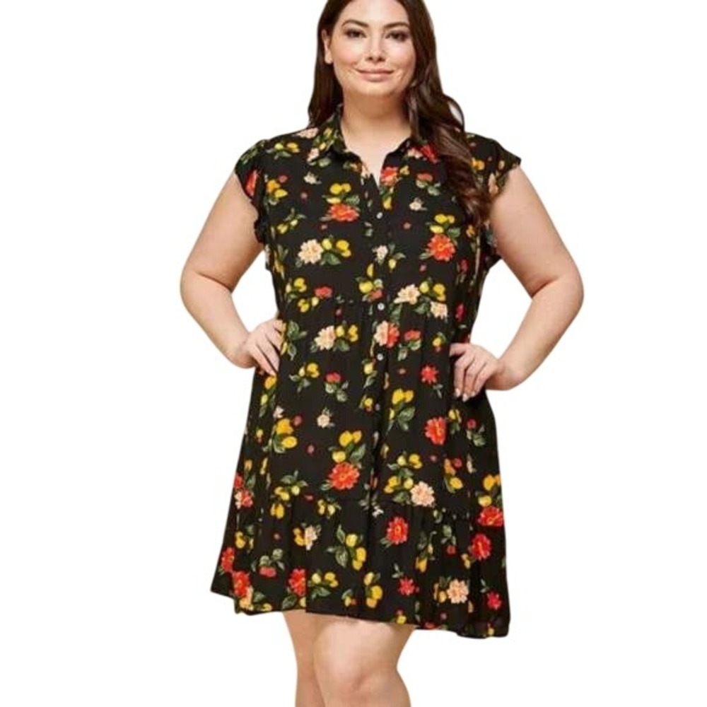 Womens Floral Print Shirt Dress Short Sleeve Black Yellow Red Casual